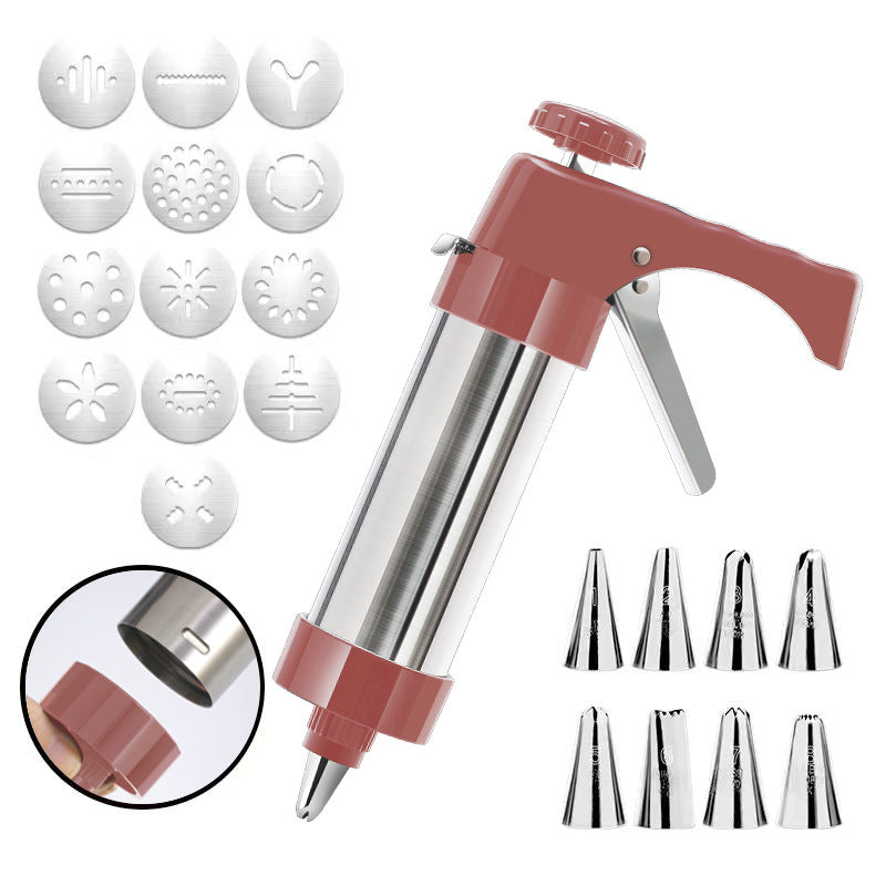 Stainless Steel Cookie Press Maker Kit with 13 Disc Molds and 8 Icing Tips Red Manual Biscuit Machine Set