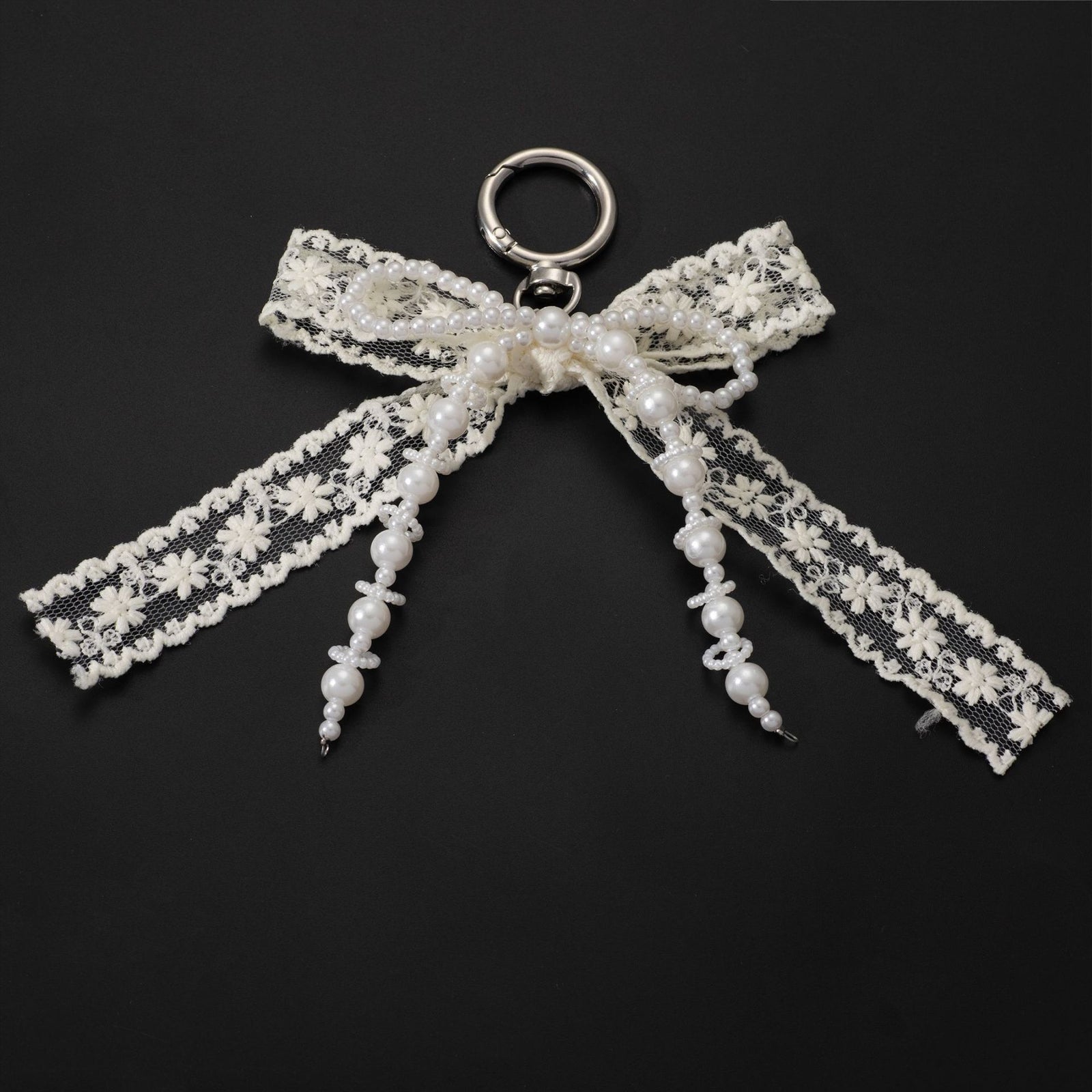 Korean Style Designer Faux Pearl and Fabric Bow Bag Charm Elegant Beige Ribbon Bow Keychain for Handbags and Car Keys