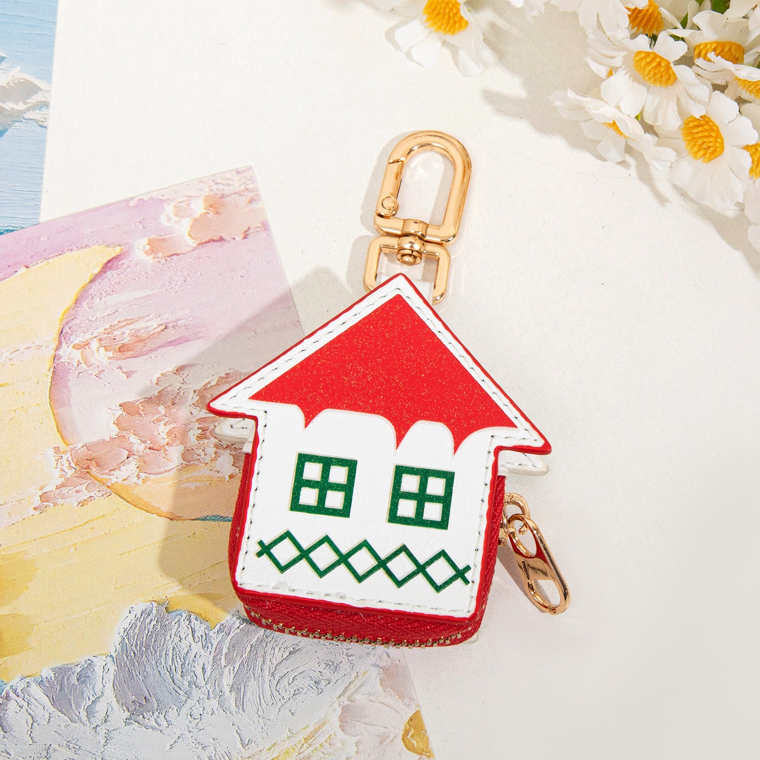 Cute Christmas House Mini Pouch Keychain PU Leather Coin Purse Earbuds Case Bag Charm Festive Gift