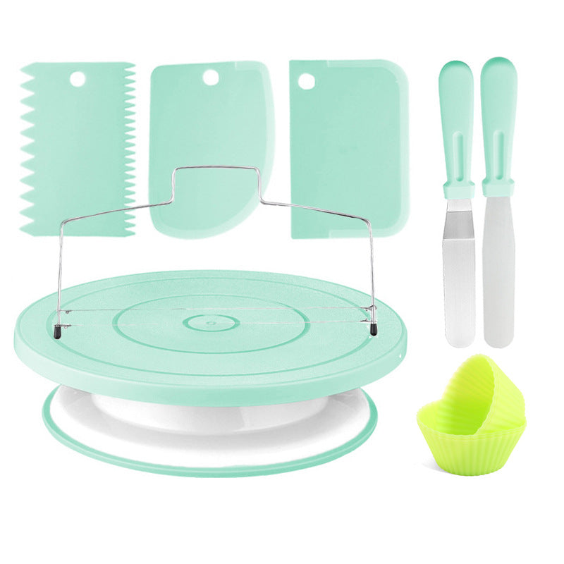 12pcs Cake Decorating Turntable Kit Non-Slip Rotating Stand with Spatulas and Leveler Baking Tools for Home Kitchen DIY Nordic Green