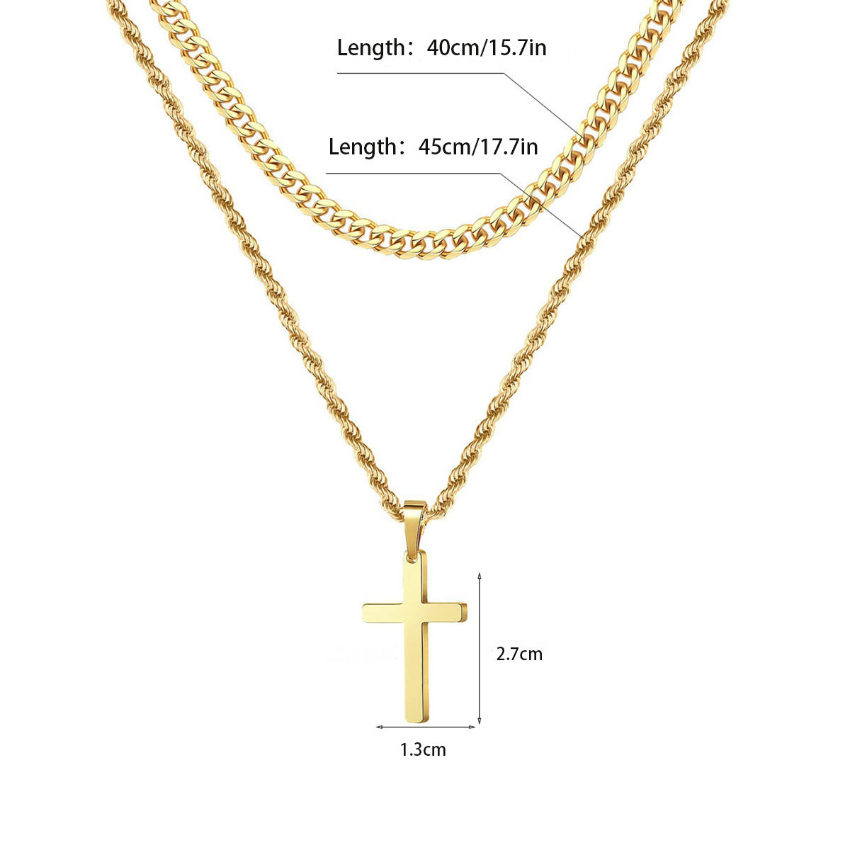 Gold Tone Cross Pendant Necklace Twisted Rope Chain 45cm Unisex Fashion Jewellery Gift for Men & Women