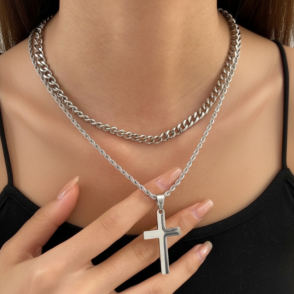 Silver Tone Cross Pendant Necklace Twisted Rope Chain 45cm Unisex Fashion Jewellery Gift for Men & Women