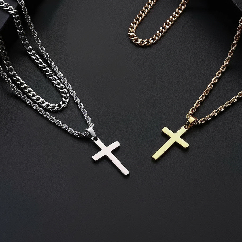 Double Layer Silver Tone Cross Pendant Necklace Set Cuban Link & Rope Chain 40-45cm Layered Fashion Jewellery