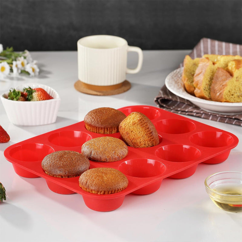 3 PCS Food Grade Silicone Cake Mould 12 Cup Round Cupcake Pan Blue Red and Orange Easy Release Non Stick Baking Trays