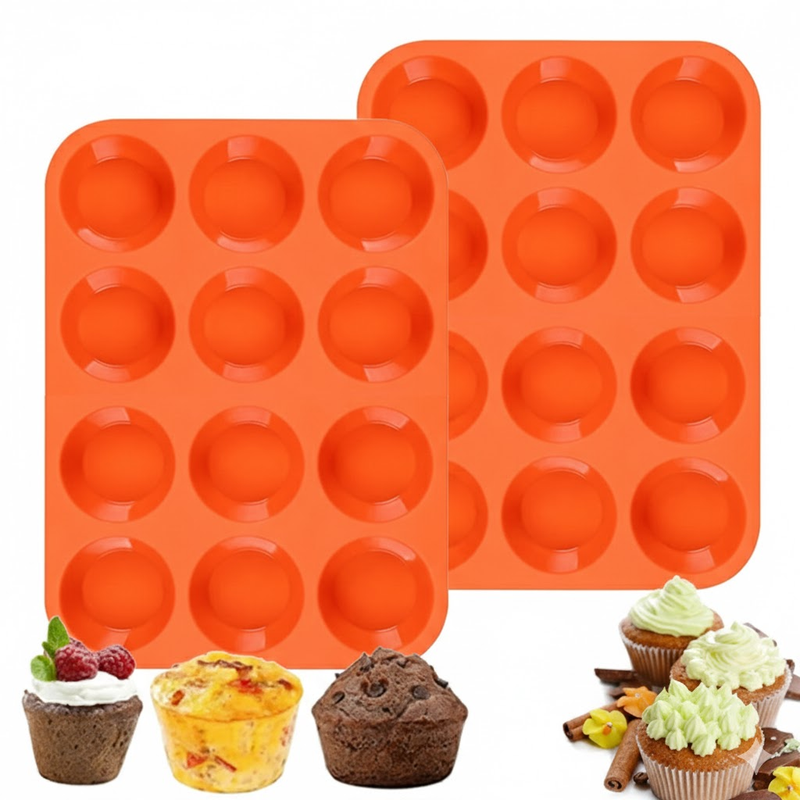 2PCS Orange Food Grade Silicone Cake Mould 12 Cup Round Cupcake Pan Easy Release Non Stick Baking Trays