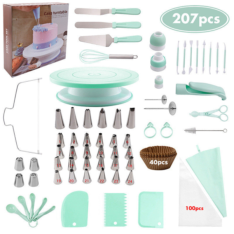 207 Pieces Cake Decorating Kit with Nordic Green Revolving Turntable Icing Tips and Spatulas Complete Baking Tool Set