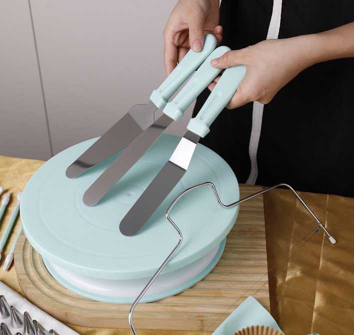 207 Pieces Cake Decorating Kit with Nordic Blue Revolving Turntable Icing Tips and Spatulas Complete Baking Tool Set