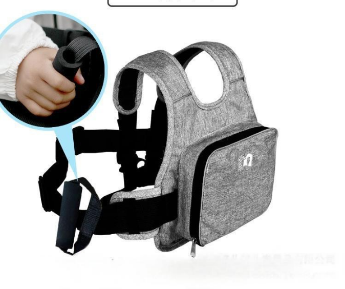 Child Motorcycle Safety Harness Strap Adjustable Passenger Belt with Handles & Storage Pocket Breathable Linen Grey for Scooter