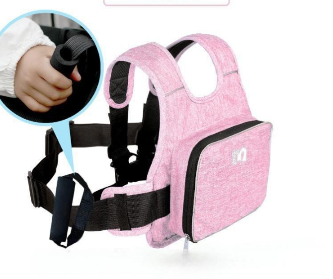 Child Motorcycle Safety Harness Strap Adjustable Passenger Belt with Handles & Storage Pocket Breathable Linen Pink for Scooter