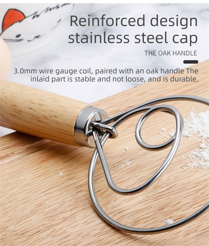 Danish Dough Whisk Heart Shaped Design Short Oak Wood Handle Stainless Steel Bread Mixer Tool for Sourdough Pizza & Batter