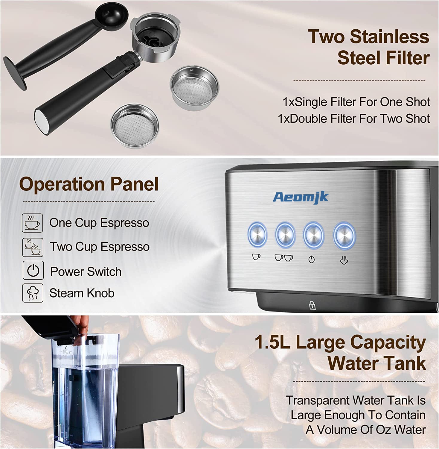 Premium Espresso Coffee Machine with Touch Control Panel & Steam Milk Frother 1050W Stainless Steel CM3010 (AU Plug)