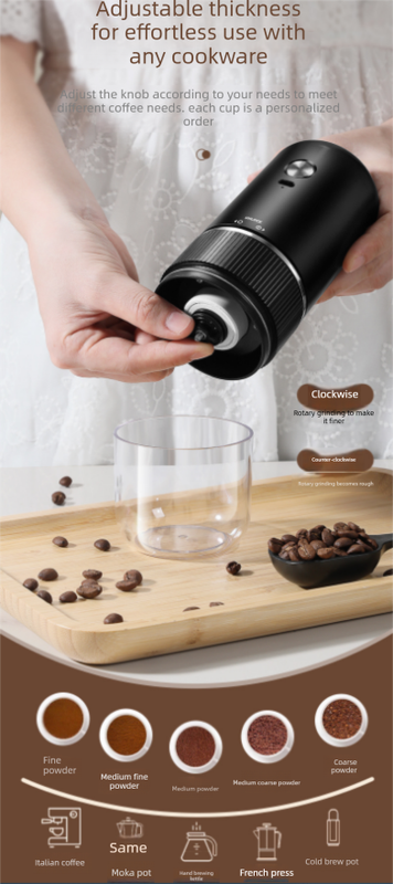 Portable Electric Coffee Grinder Wireless Rechargeable Burr Mill with Cleaning Brush Automatic Bean Grinder MDJ-13 Black