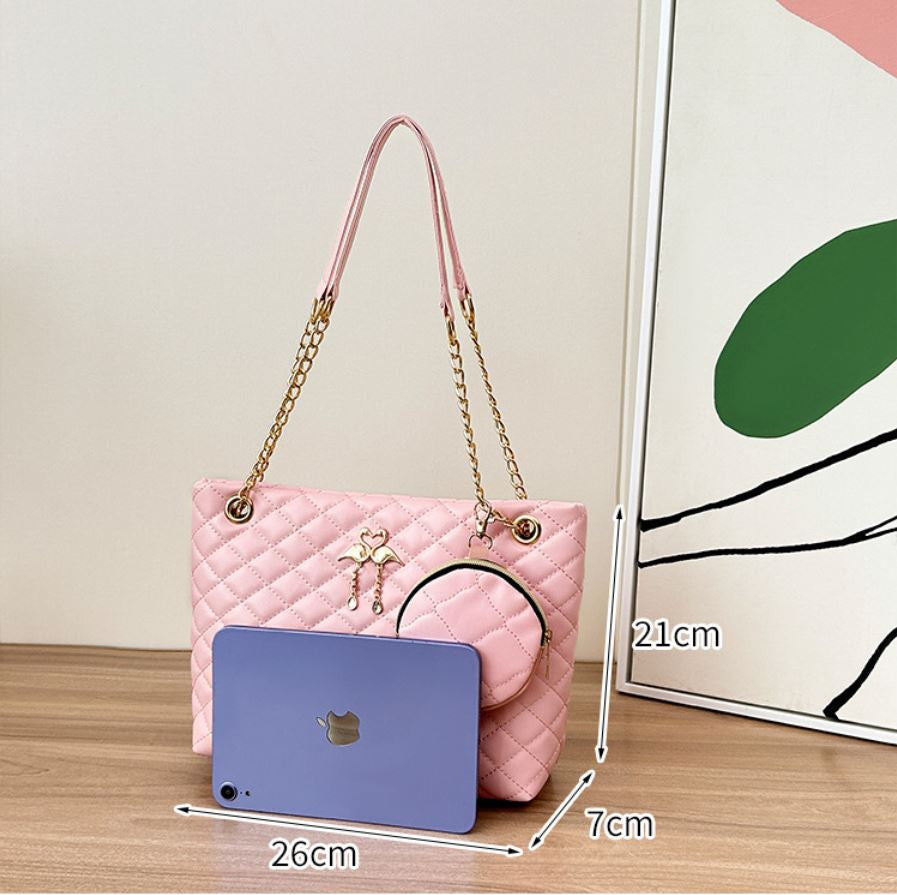 4-Piece PU Leather Rhombus Handbag Set - Large Capacity Shoulder Bag with Secure Zipper & Buckle Closure, Stylish Strap & Charms(Pink)