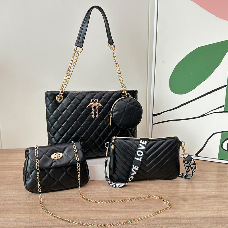 4-Piece PU Leather Rhombus Handbag Set - Large Capacity Shoulder Bag with Secure Zipper & Buckle Closure, Stylish Strap & Charms(Black)