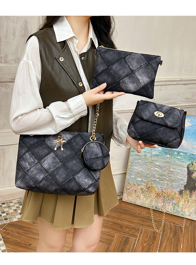 4-PCS Plaid Contrast-Color Handbag Set - Large Capacity PU Leather Shoulder Bag with Secure Zipper & Buckle Closure, Stylish Strap & Charms(Black & Grey)