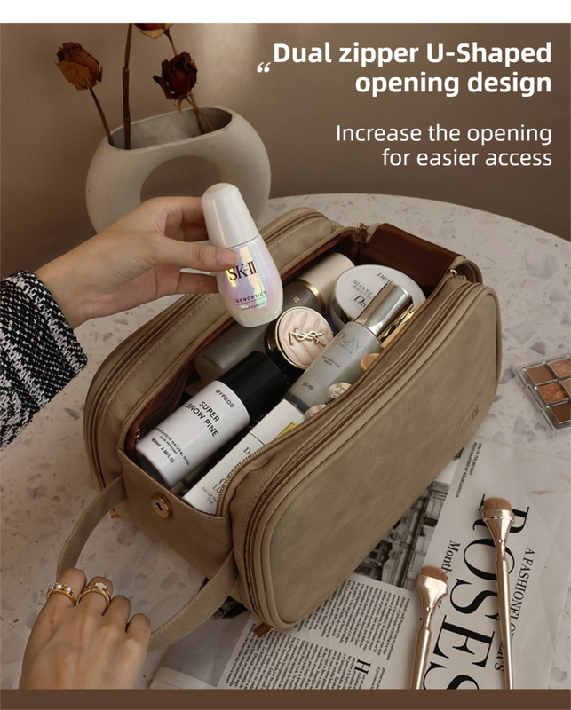 Khaki Premium TPU Leather Dual-Zipper Cosmetic Bag with 3 Dry & Wet Separation Zone - Large Capacity Travel Toiletries Organizer