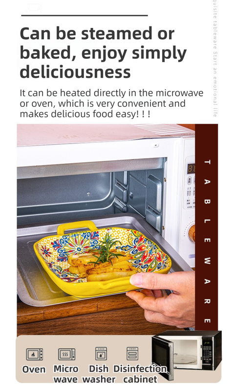 9-Inch Underglaze Ceramic Square Serving Plate with Dual Handles (Baroque) - Microwave and Oven Safe Pasta & Fruit Tray