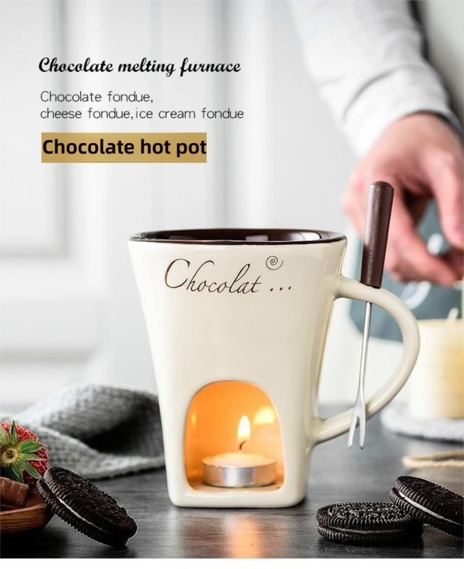White European Style Ceramic Chocolate & Cheese Melter Set - 200ml Mini Melting Mug & Fork