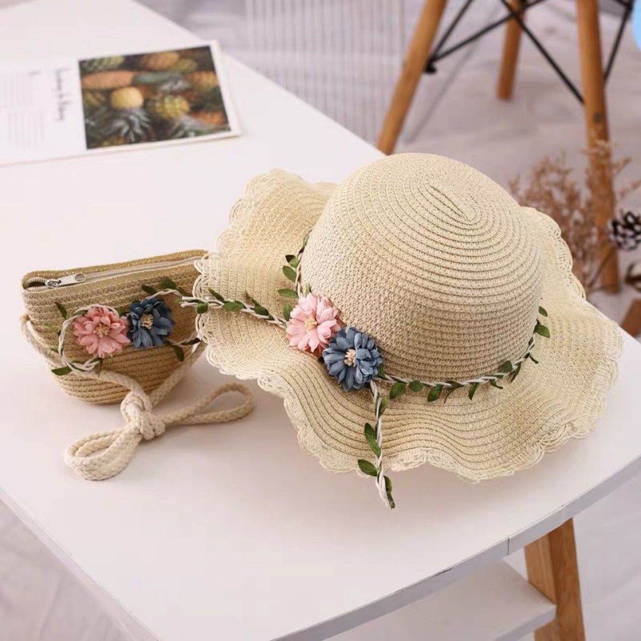 Beige Girls Summer Princess Straw Straw Hat and Matching Purse Set - Breathable Floral Wide Brim Sun Protection Sun Hat