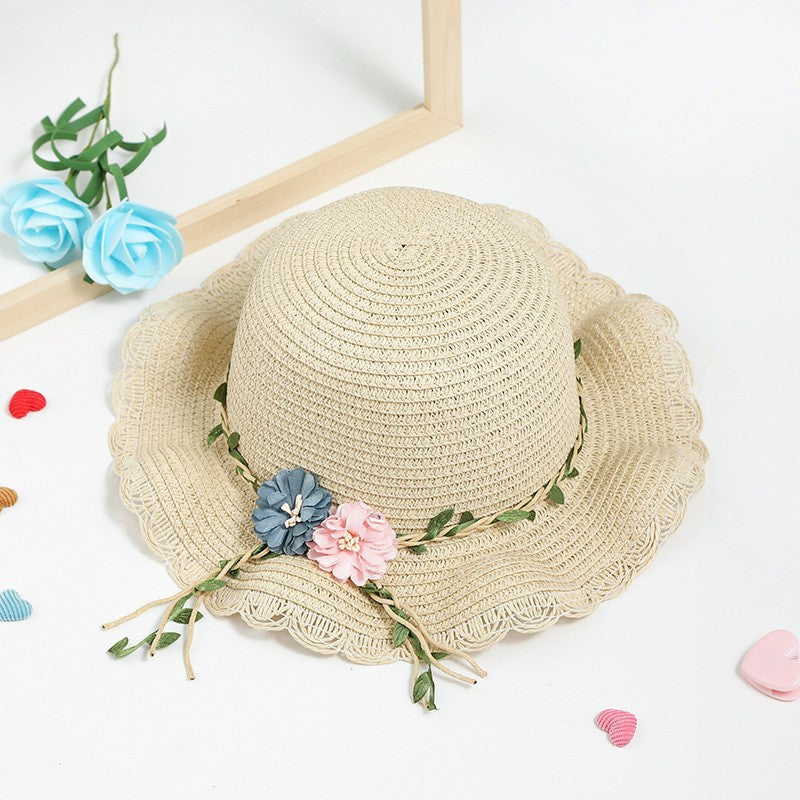 Beige Girls Summer Princess Straw Straw Hat and Matching Purse Set - Breathable Floral Wide Brim Sun Protection Sun Hat