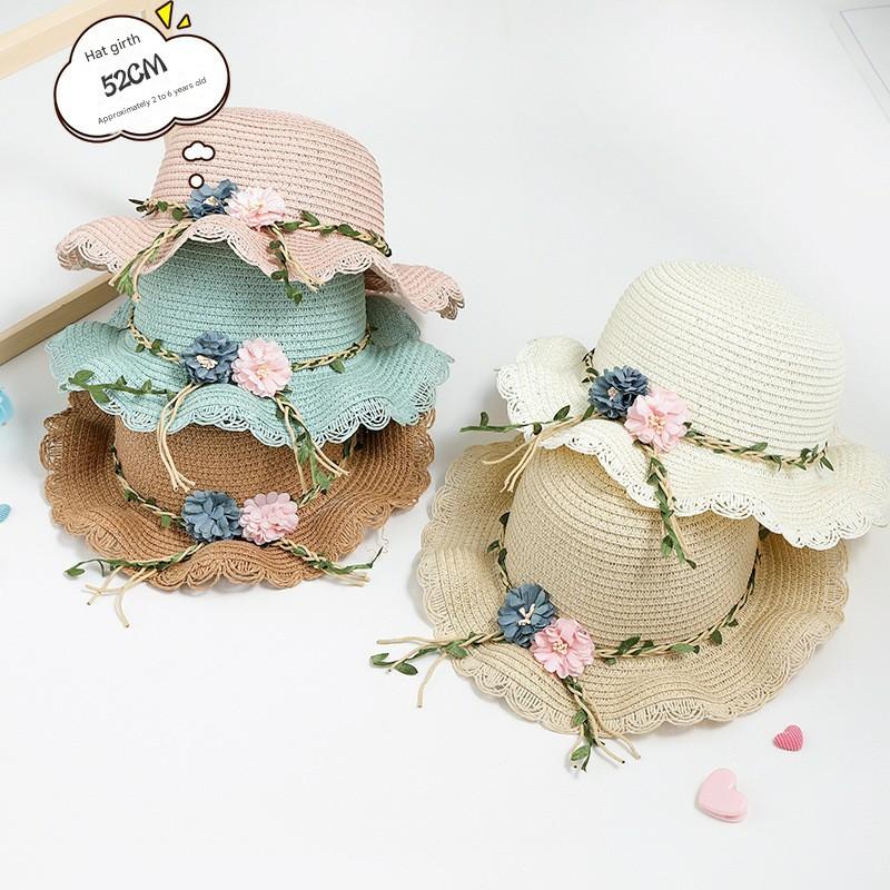 White Girls Summer Princess Straw Straw Hat and Matching Purse Set - Breathable Floral Wide Brim Sun Protection Sun Hat