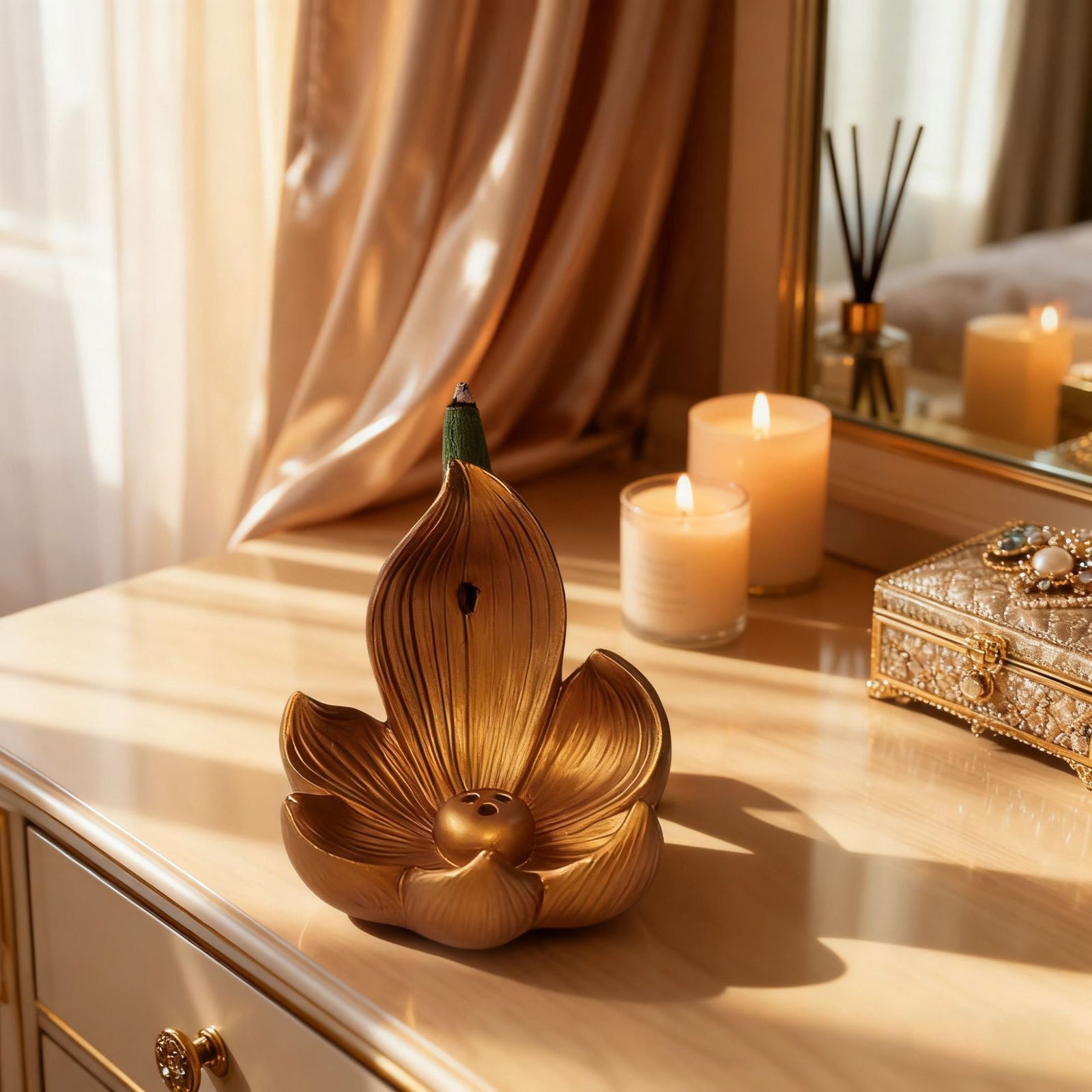 Gold Zen Lotus Waterfall Backflow Aroma Diffuser - Premium Elegant Resin Craft for Meditation & Yoga, 10cm Compact Design