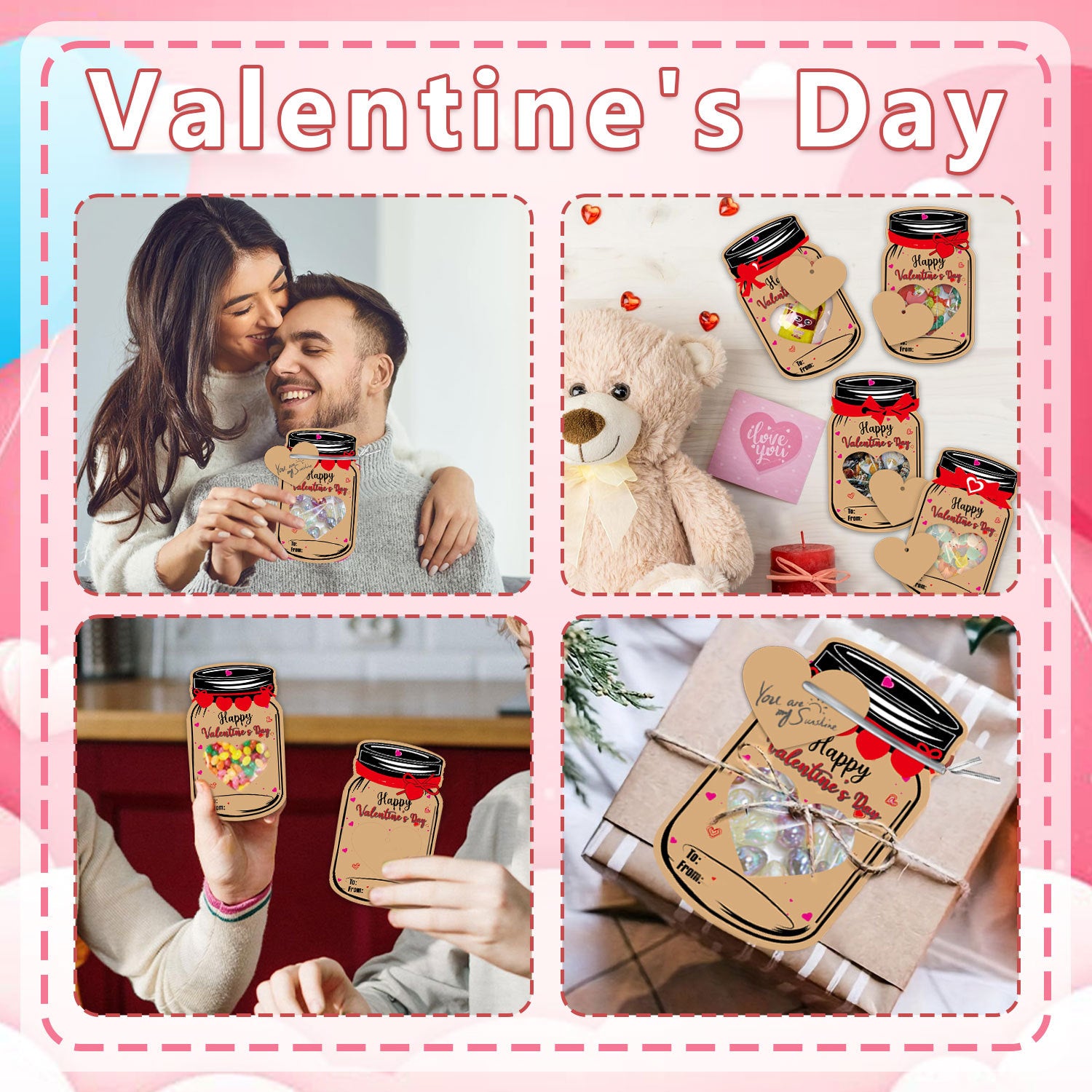 60PCS Valentine's Day Drift Bottle Shaped Gift Card Set - Premium Coated Paper Greeting Card for Family / School Exchanges and Party Favors