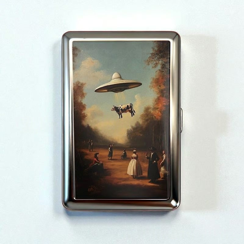 Retro Metal Card Cash & Cigarette Case with Fixed Clip - UFO Artistic Slim Wallet (10.3X6X2cm)