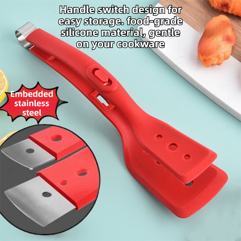 2-in-1 Grey Silicone Spatula Tongs with Locking Clip & Oil Drainage - Non-Stick Heat Resistant Food Flipper & Kitchen Clamp