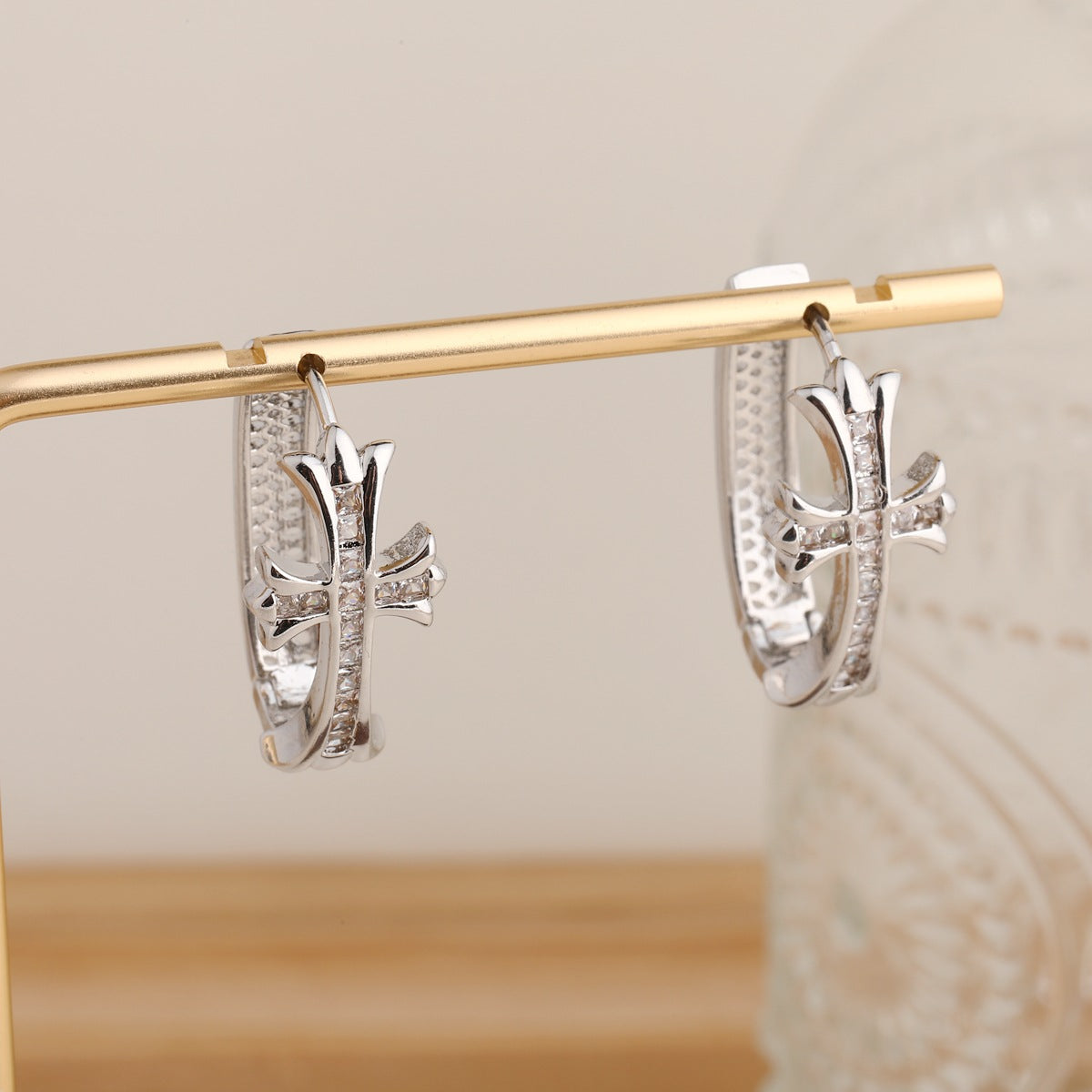 2-Pair Gold & Sliver Sparkling Iced Out Rhinestone Cross Hoop Earrings - Punk Elegance Ear Buckle for Women