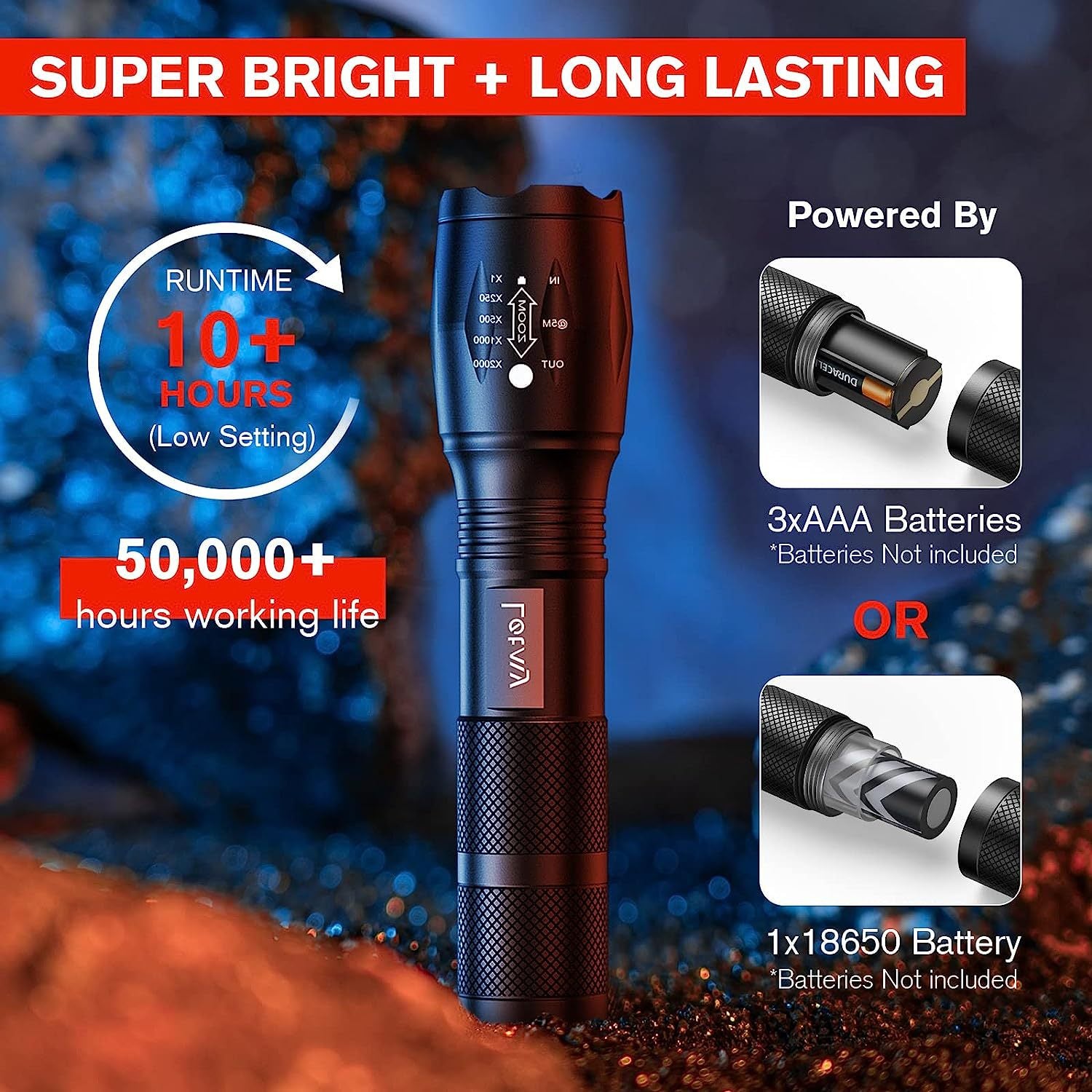 2-Pack High-Powered LED Flashlight with 500m Long Range - Zoomable Focus & Waterproof Tactical Torch - Durable Aluminum Alloy