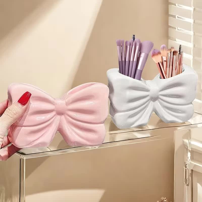 Pink Chic Bowknot 2-Slot Toothbrush Holder - Resin Retro Cute Desktop Decorative Stand