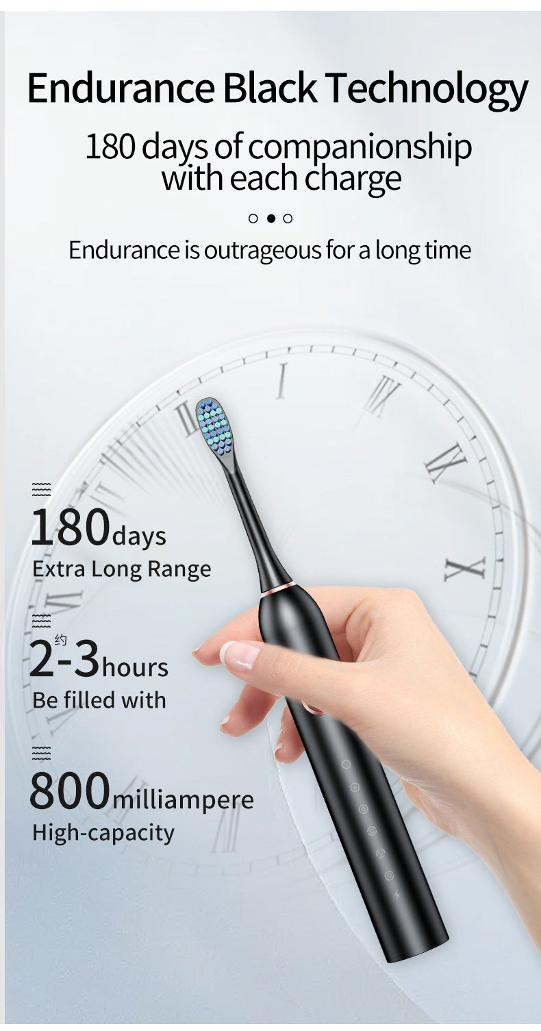 Black Smart Sonic Electric Toothbrush Kit with 8 Heads & Travel Case - 6 X Cleaning Modes and High-Frequency Vibration with Soft Protective Bristles