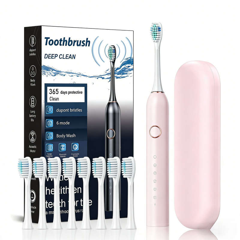 Pink Smart Sonic Electric Toothbrush Kit with 8 Heads & Travel Case - 6 X Cleaning Modes and High-Frequency Vibration with Soft Protective Bristles