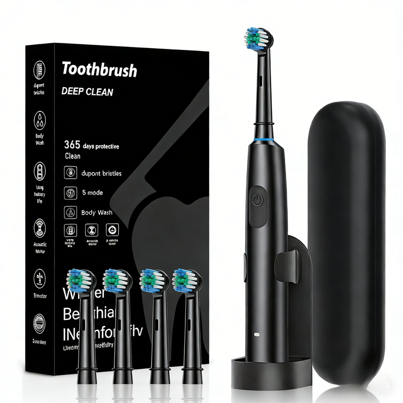 Black Rotating Round Head Electric Toothbrush Kit with 4 Heads, Case & Stand - 3D Oscillating Mechanical Cleaning for Deep Plaque Removal