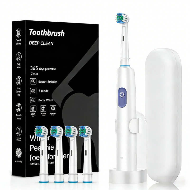 White Rotating Round Head Electric Toothbrush Kit with 4 Heads, Case & Stand - 3D Oscillating Mechanical Cleaning for Deep Plaque Removal