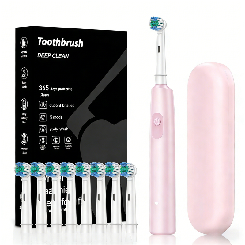 Pink Rotating Round Head Electric Toothbrush Kit with 8 Heads & Case - 3D Oscillating Mechanical Cleaning for Deep Plaque Removal
