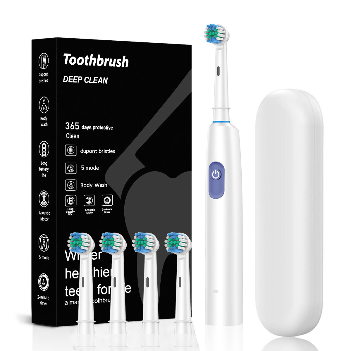 White Rotating Round Head Electric Toothbrush Kit with 4 Heads & Case - 3D Oscillating Mechanical Cleaning for Deep Plaque Removal