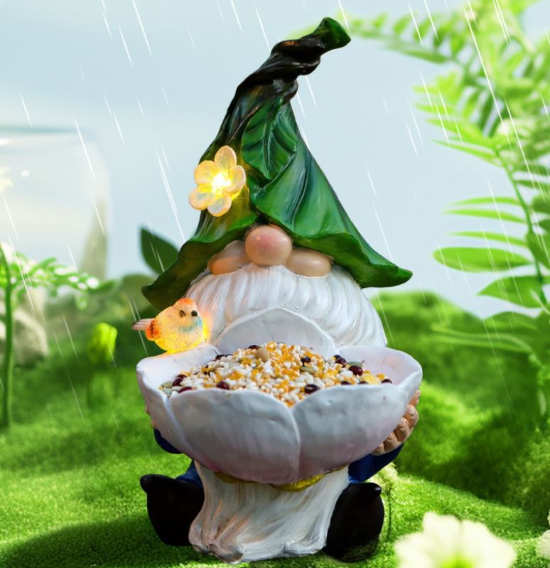 Solar Powered Garden Gnome Bird Feeder with Dual LED Lights - Automatic Night Illumination, Weather-Resistant Resin Statue