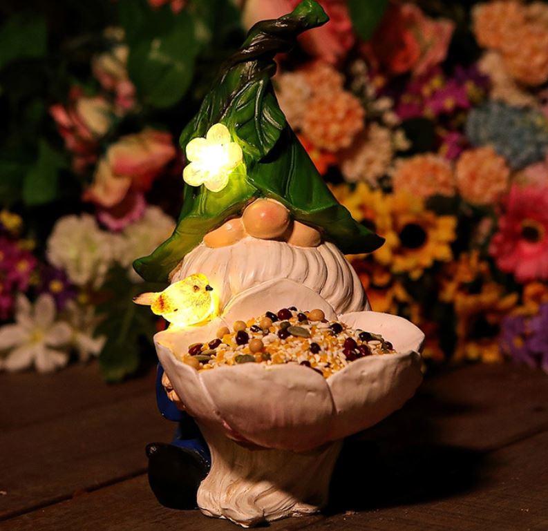 Solar Powered Garden Gnome Bird Feeder with Dual LED Lights - Automatic Night Illumination, Weather-Resistant Resin Statue