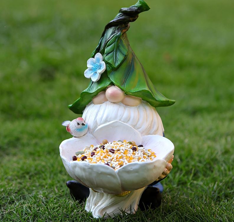 Solar Powered Garden Gnome Bird Feeder with Dual LED Lights - Automatic Night Illumination, Weather-Resistant Resin Statue
