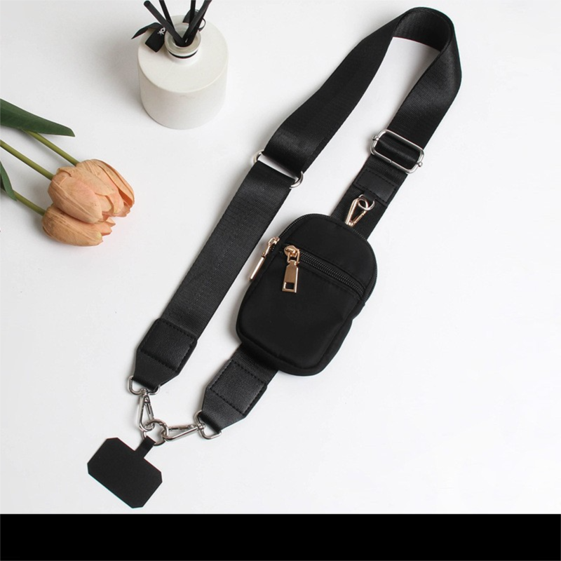 Black Versatile Crossbody Phone Lanyard with Detachable Mini Pouch - Twill Webbing Wristlet & Neck Strap