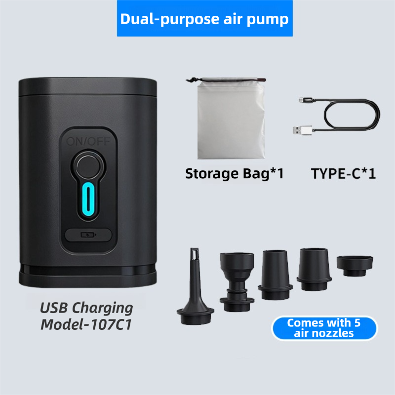 Black Wireless Rechargeable Vacuum Pump with 5 Versatile Nozzles - 2-in-1 Compact High-Suction Inflator & Deflator for Travel & Home