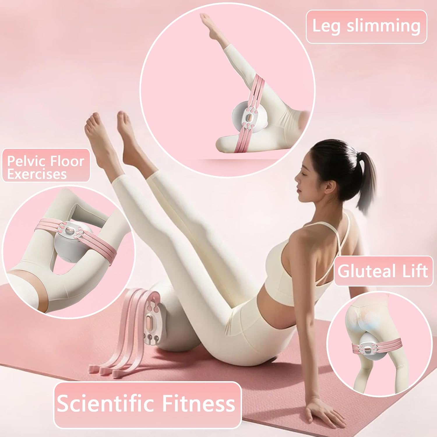Pink 3-Level Resistance Pelvic Floor & Inner Thigh Trainer - Multi-Function Kegel Exercise Set with 25cm Yoga Ball & 3-Pair Resistance Rope