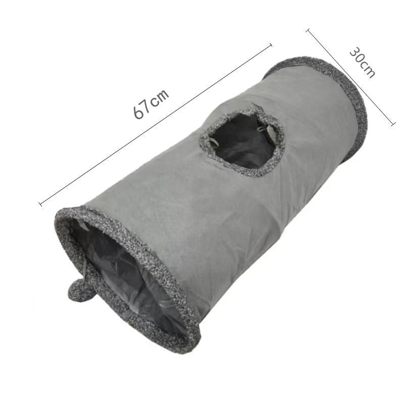 30X67CM Grey Durable Suede Foldable Cat Tunnel - Interactive Multi-Sensory Play Tube with Crinkle Paper & Plush Interior, plush ball and Steel Frame