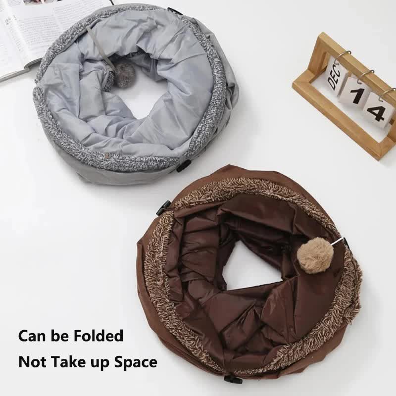 30X67CM Brown Durable Suede Foldable Cat Tunnel - Interactive Multi-Sensory Play Tube with Crinkle Paper & Plush Interior, plush ball and Steel Frame
