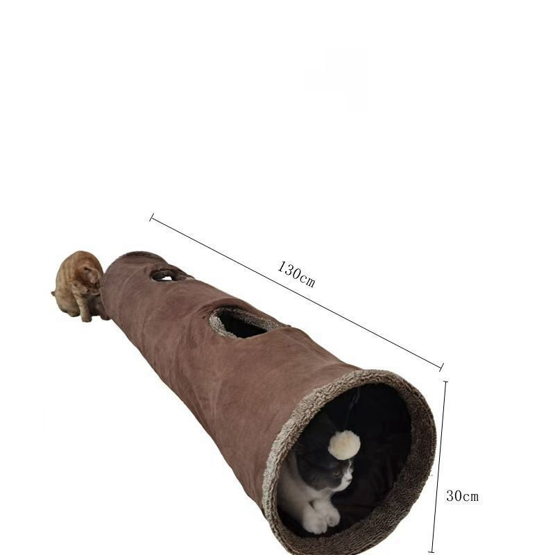30X130CM Brown Durable Suede Foldable Cat Tunnel - Interactive Multi-Sensory Play Tube with Crinkle Paper & Plush Interior, plush ball and Steel Frame