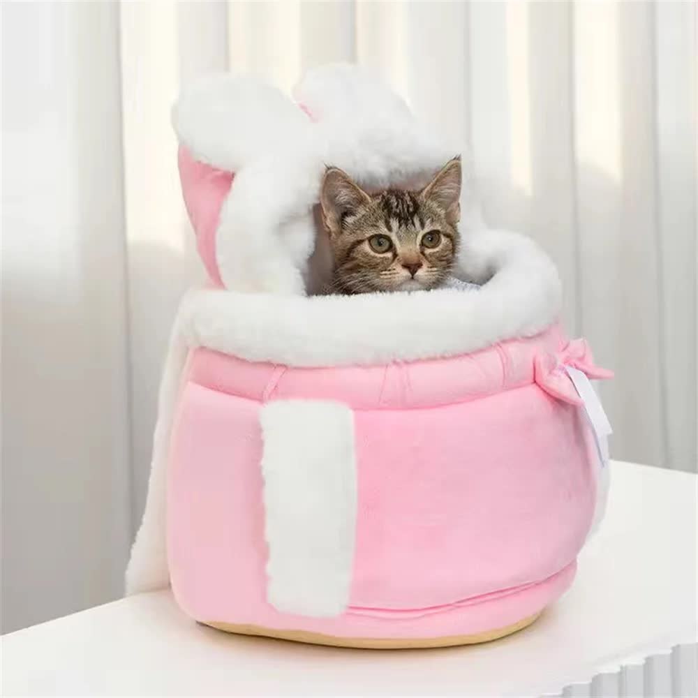 Pink 2-in-1 Ultra-Soft Plush Pet Carrier & Mobile Bed - Portable & Lightweight Cute Rabbit Ear Design Travel Cabin (M 25 x 25 x 20.5CM)