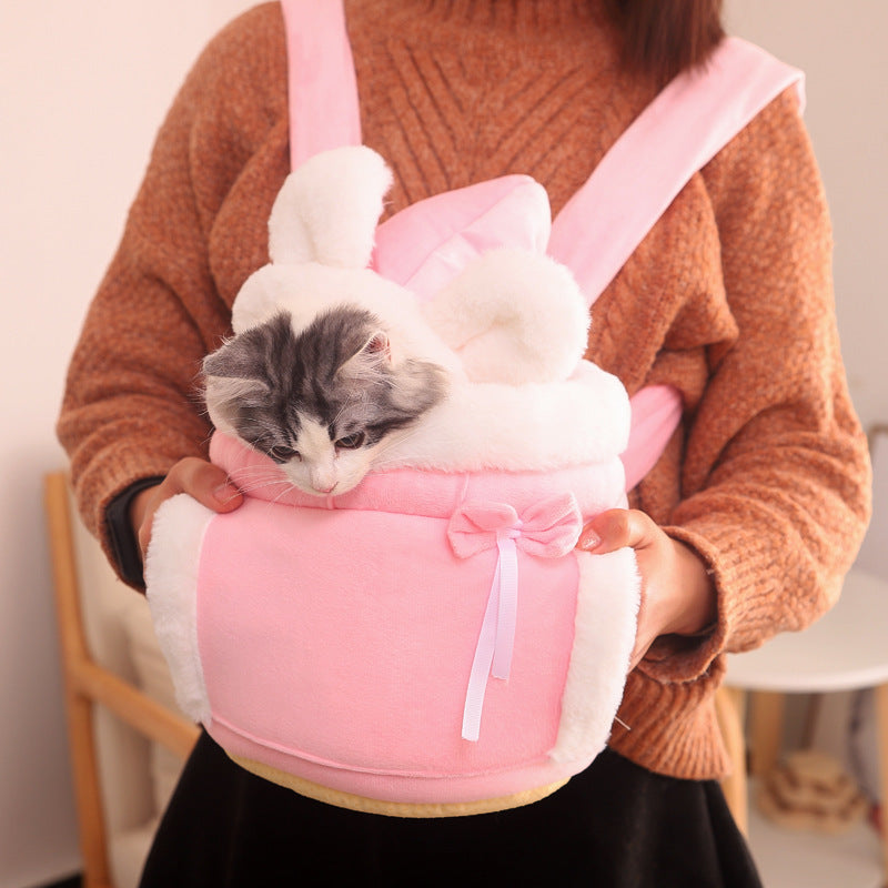 Pink 2-in-1 Ultra-Soft Plush Pet Carrier & Mobile Bed - Portable & Lightweight Cute Rabbit Ear Design Travel Cabin (L 33 x 25 x 27CM)