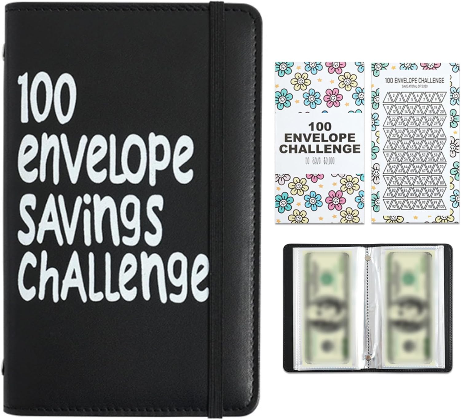 Black 100 Days Envelope Savings Challenge with 50 Clear Double-Sided Pages - Portable A6 Size for Budgeting & Financial Goals
